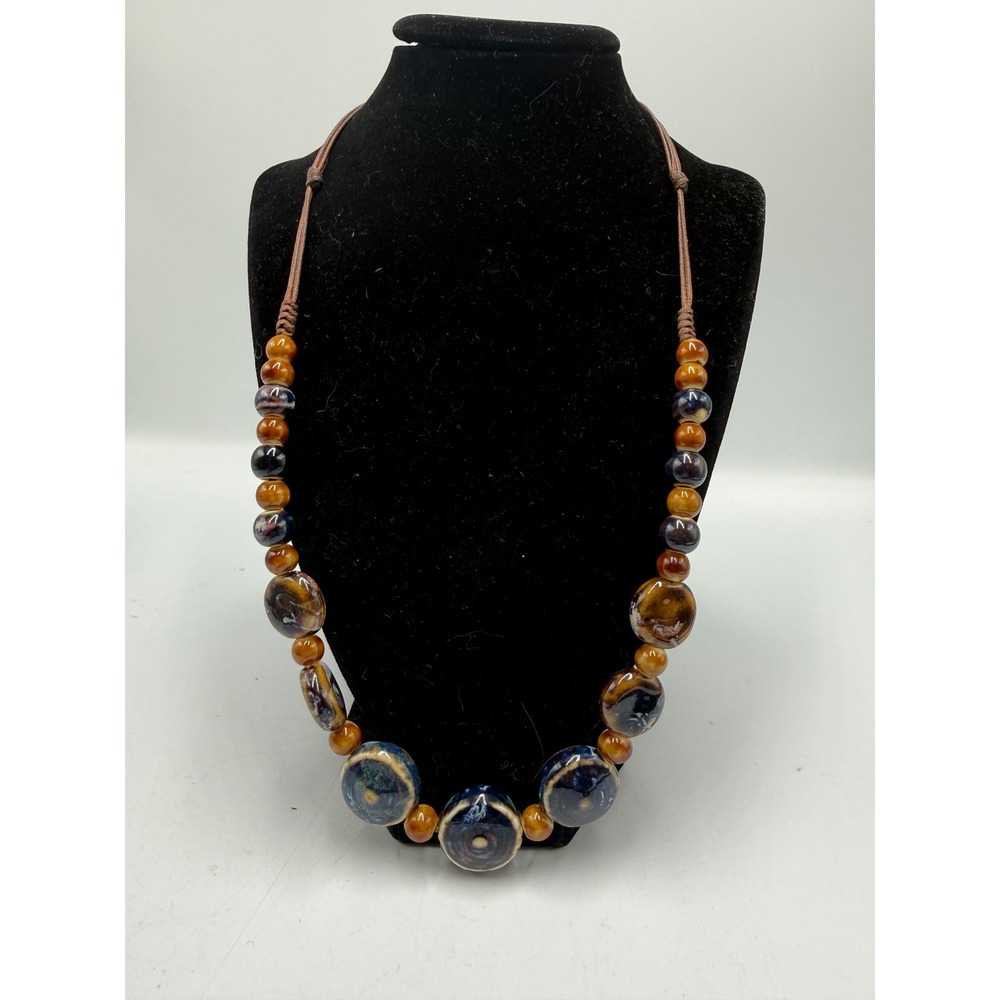 Handmade Ceramic Bead Necklace Blue Brown Glazed Pottery Boho Cord Adjustable